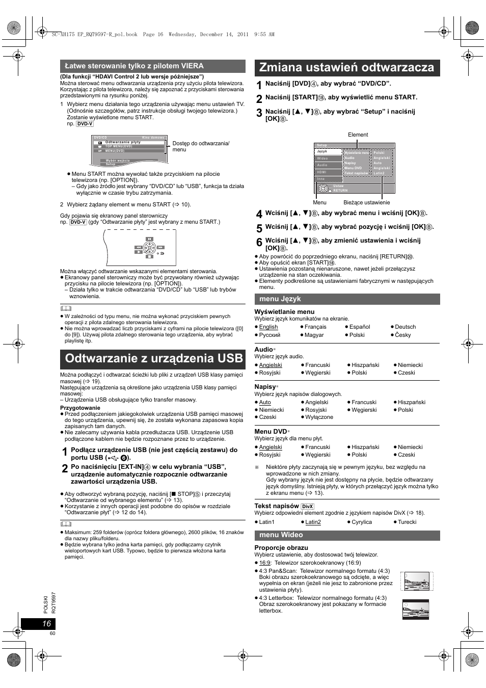 Odtwarzanie z urządzenia usb, Zmiana ustawień odtwarzacza | Panasonic SCXH175EP User Manual | Page 60 / 94
