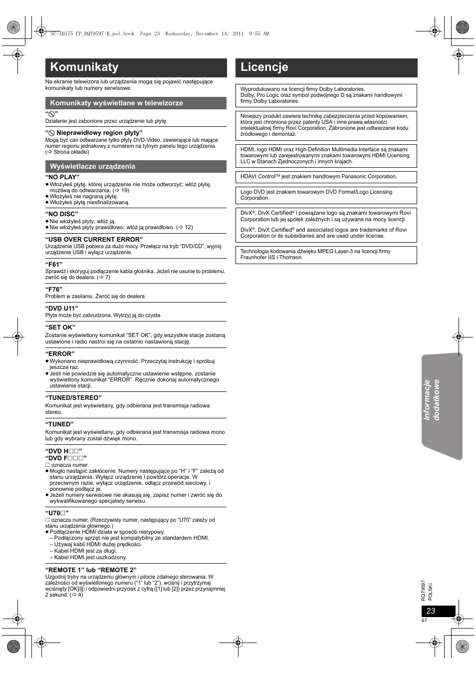 Komunikaty, Licencje | Panasonic SCXH175EP User Manual | Page 67 / 94