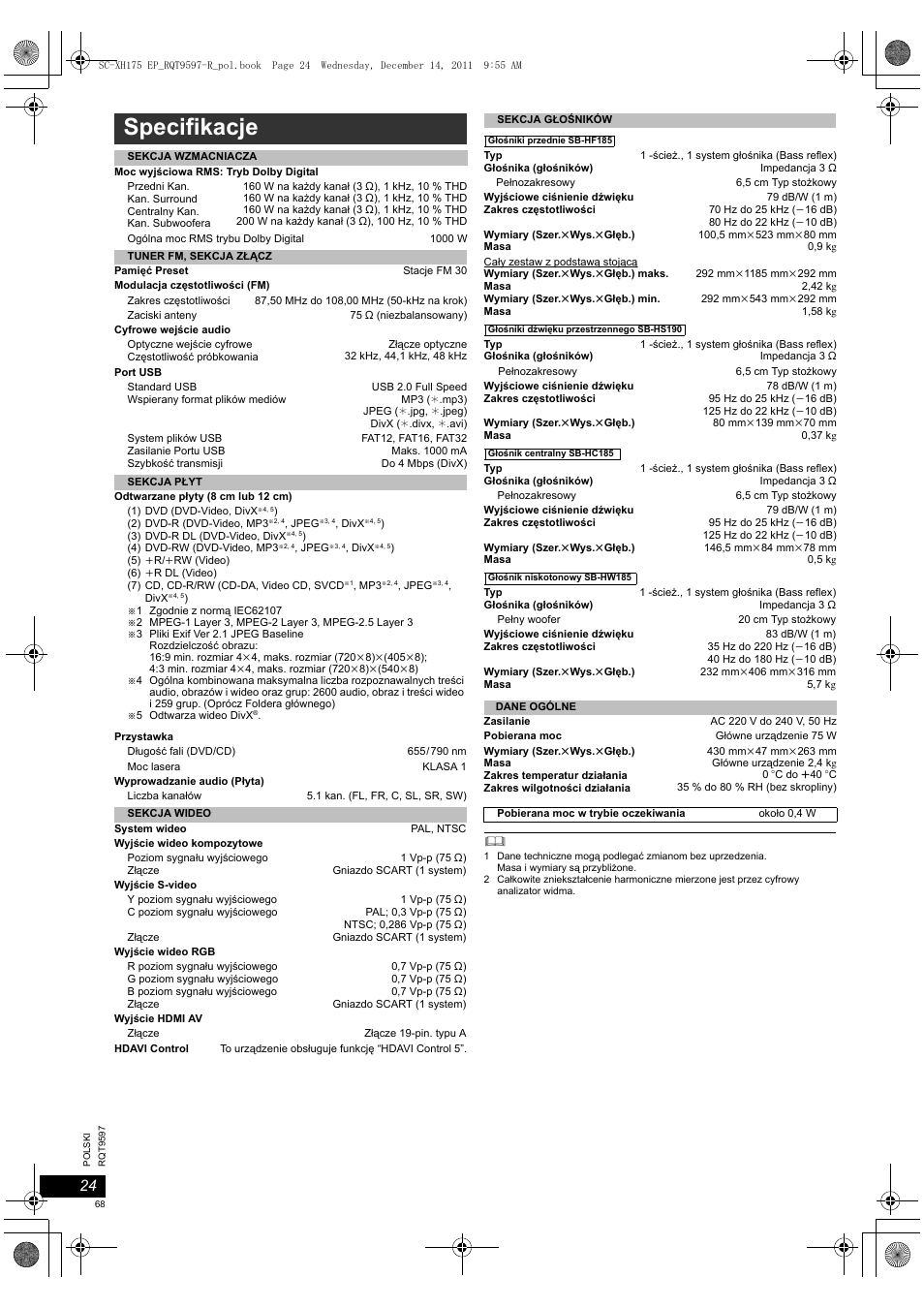 Specifikacje | Panasonic SCXH175EP User Manual | Page 68 / 94