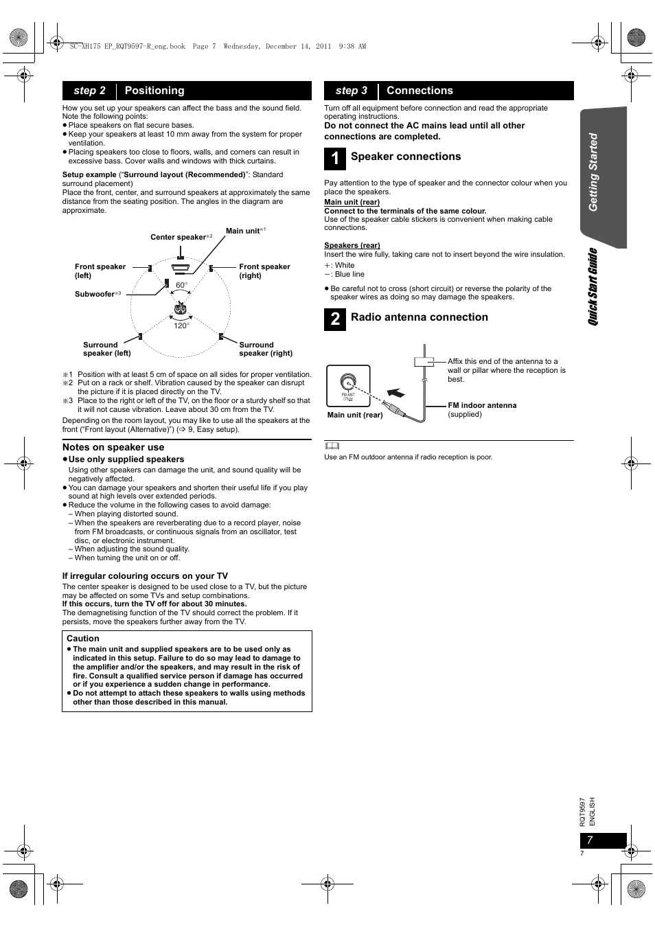 Quick start gu ide, Getting s tarted, Step 2 positioning | Step 3 connections, Speaker connections, Radio antenna connection | Panasonic SCXH175EP User Manual | Page 7 / 94