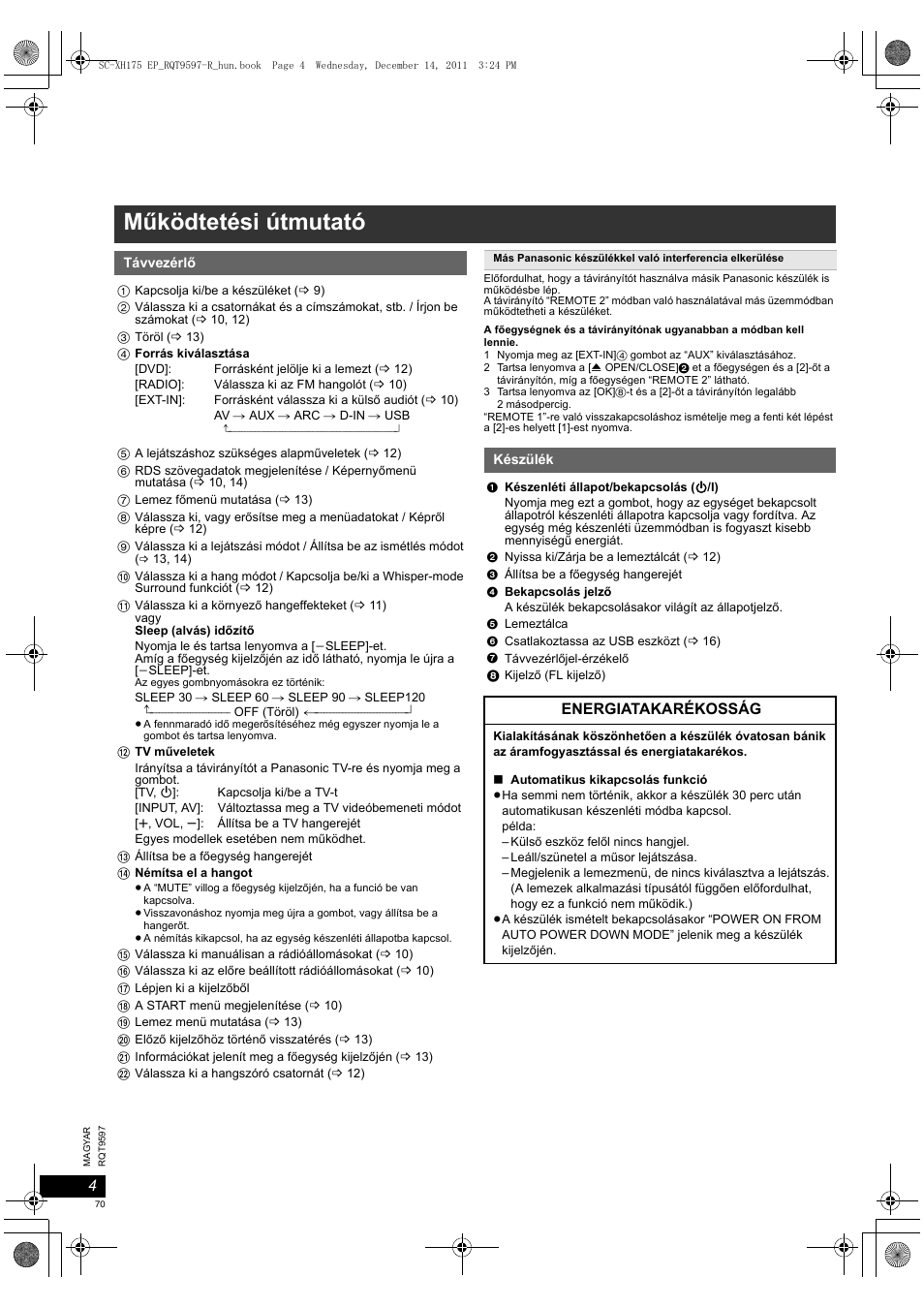 Működtetési útmutató | Panasonic SCXH175EP User Manual | Page 70 / 94