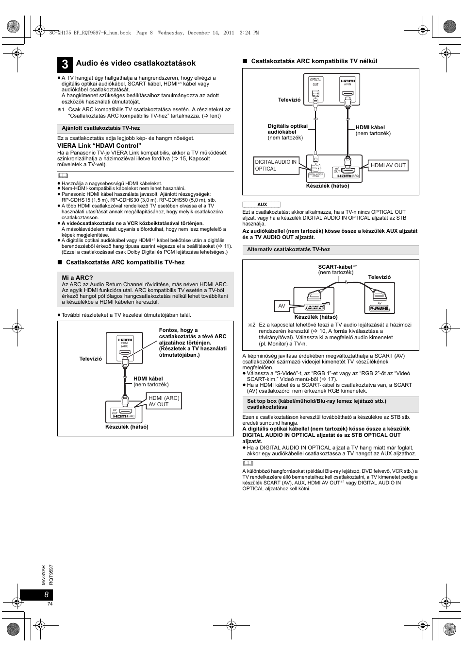 Audio és video csatlakoztatások | Panasonic SCXH175EP User Manual | Page 74 / 94