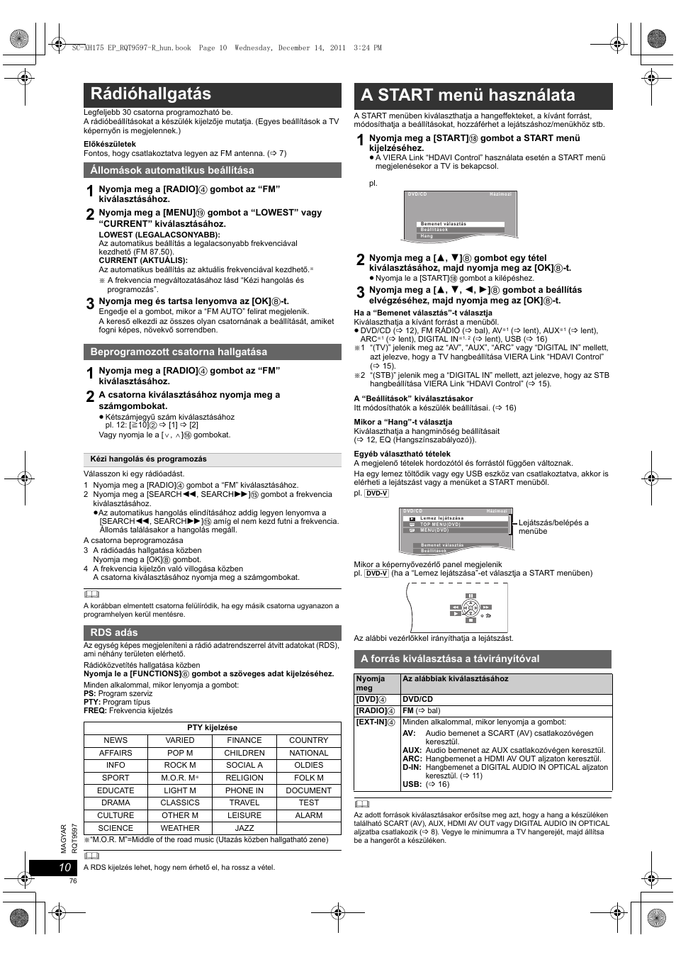 Rádióhallgatás, A start menü használata | Panasonic SCXH175EP User Manual | Page 76 / 94