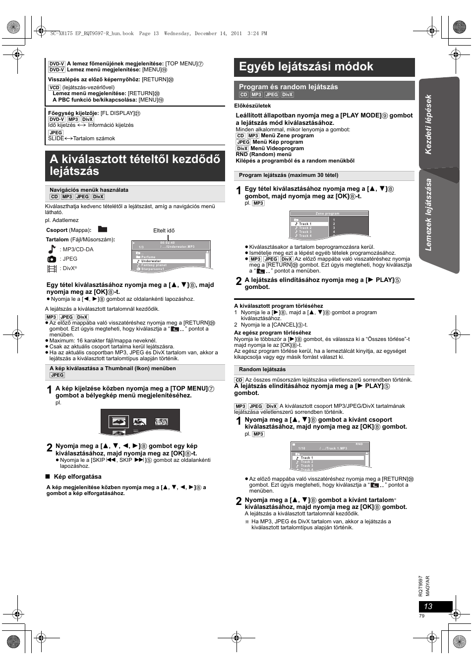 A kiválasztott tételtől kezdődő lejátszás, Egyéb lejátszási módok | Panasonic SCXH175EP User Manual | Page 79 / 94