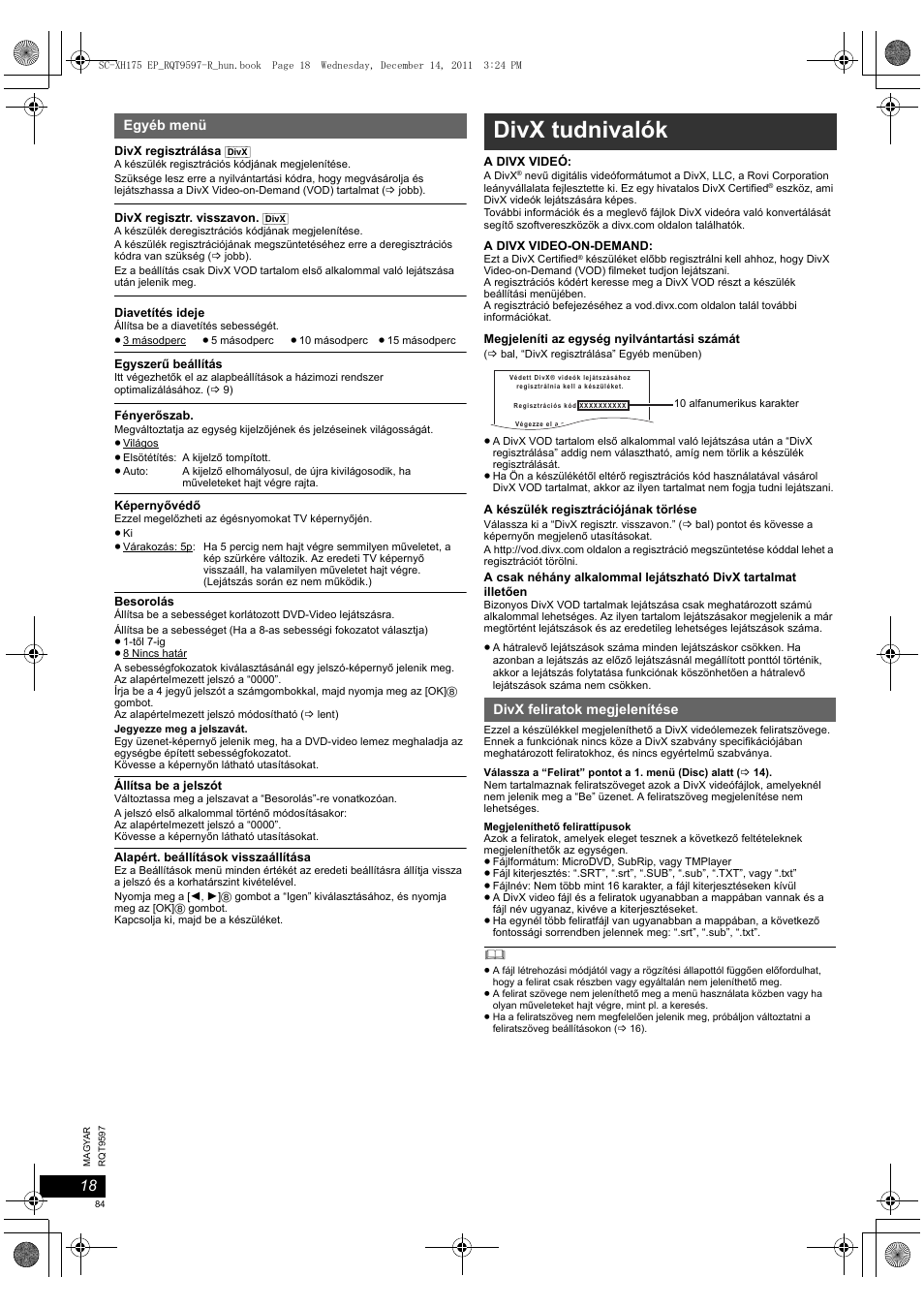 Divx tudnivalók | Panasonic SCXH175EP User Manual | Page 84 / 94