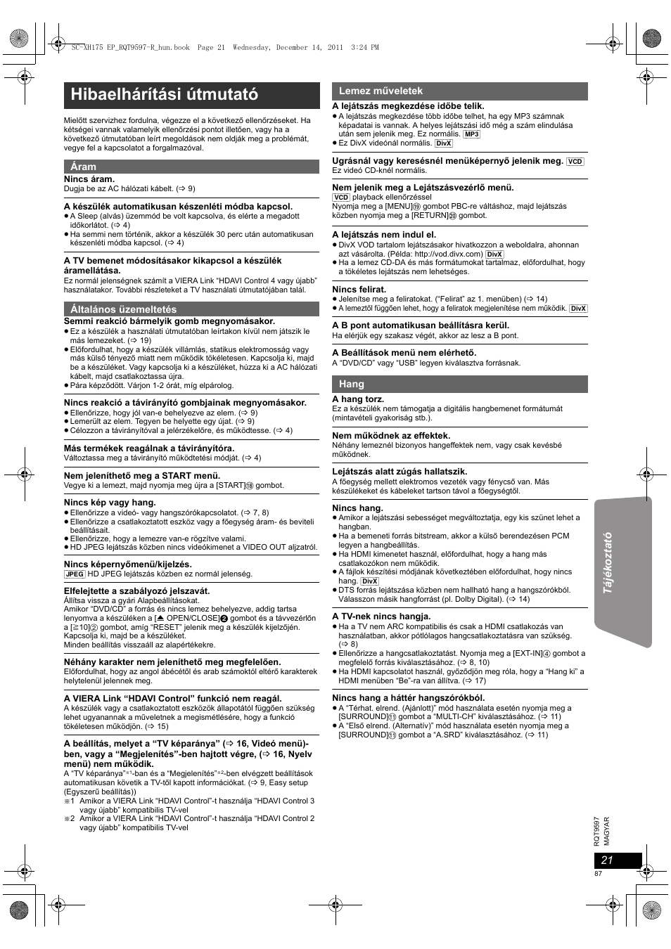 Hibaelhárítási útmutató | Panasonic SCXH175EP User Manual | Page 87 / 94