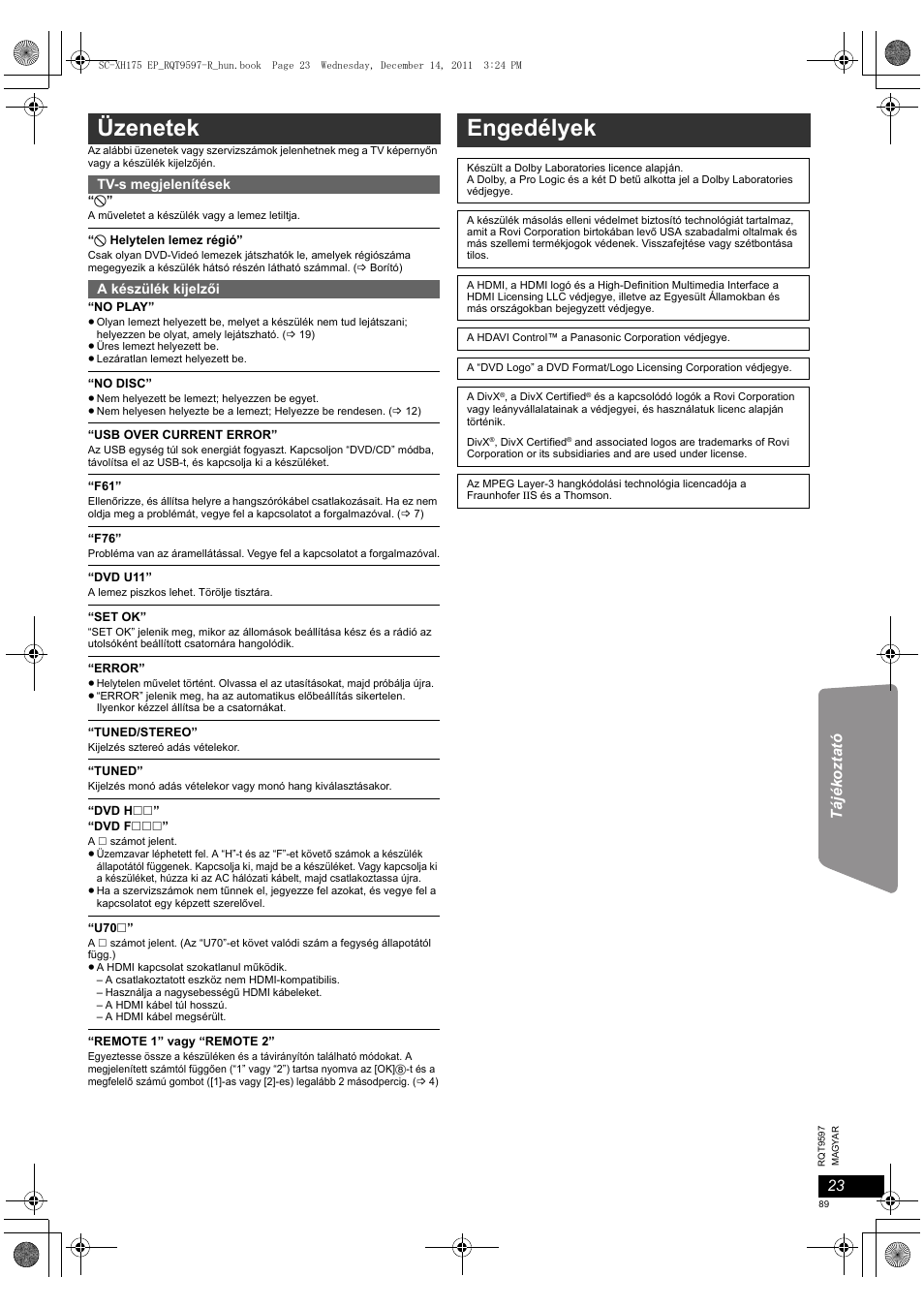 Üzenetek, Engedélyek | Panasonic SCXH175EP User Manual | Page 89 / 94