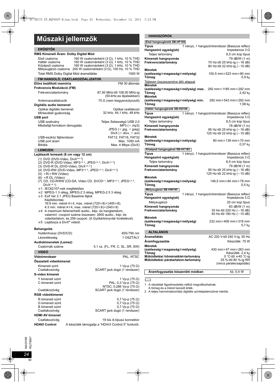 Műszaki jellemzők | Panasonic SCXH175EP User Manual | Page 90 / 94