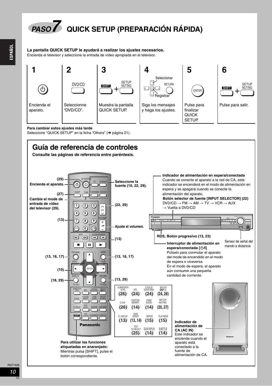 Paso, Quick setup (preparación rápida), Guía de referencia de controles | Dvd/cd | Panasonic SCHT870 User Manual | Page 10 / 104