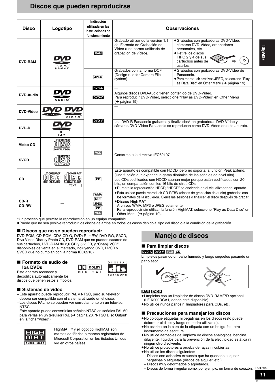 Discos que pueden reproducirse, Manejo de discos | Panasonic SCHT870 User Manual | Page 11 / 104