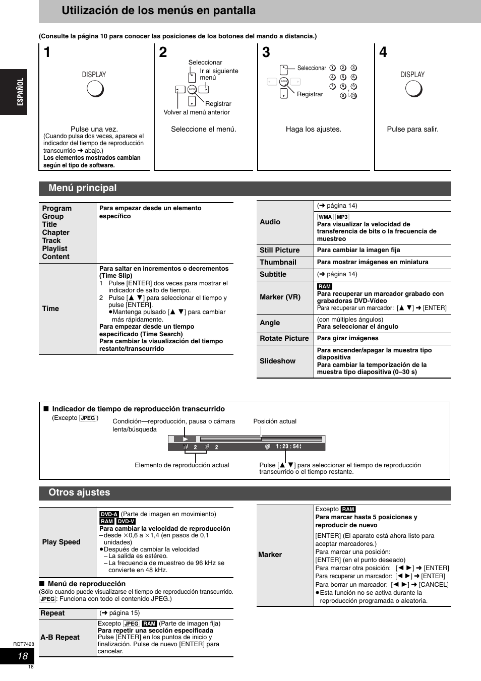 Utilización de los menús en pantalla, Menú principal, Otros ajustes | Panasonic SCHT870 User Manual | Page 18 / 104