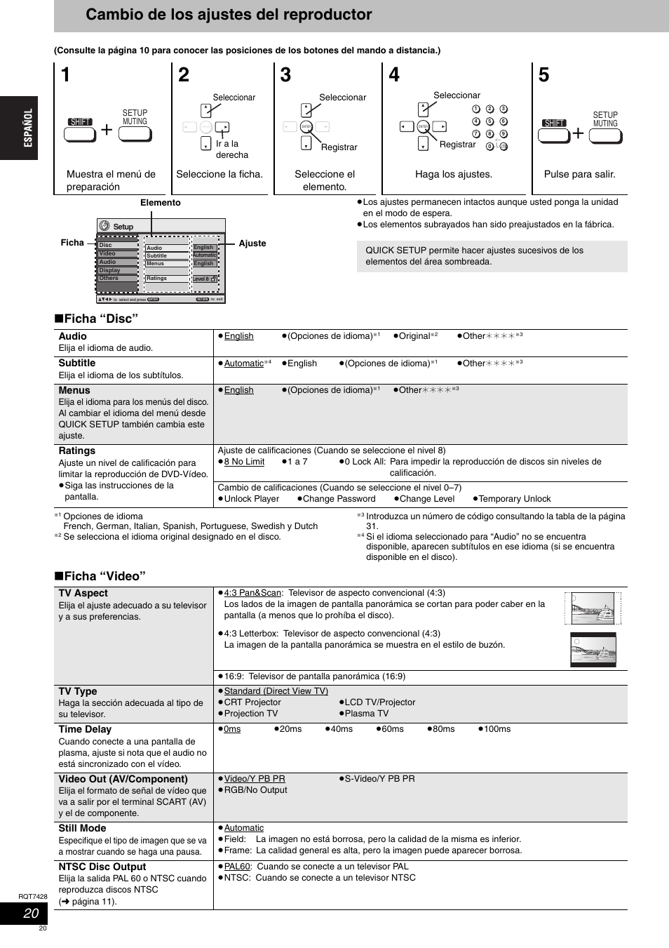 Cambio de los ajustes del reproductor, Ficha “disc, Ficha “video | Panasonic SCHT870 User Manual | Page 20 / 104