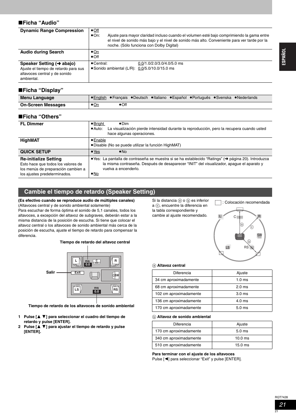 Cambie el tiempo de retardo (speaker setting), Ficha “audio” ∫ ficha “display” ∫ ficha “others | Panasonic SCHT870 User Manual | Page 21 / 104