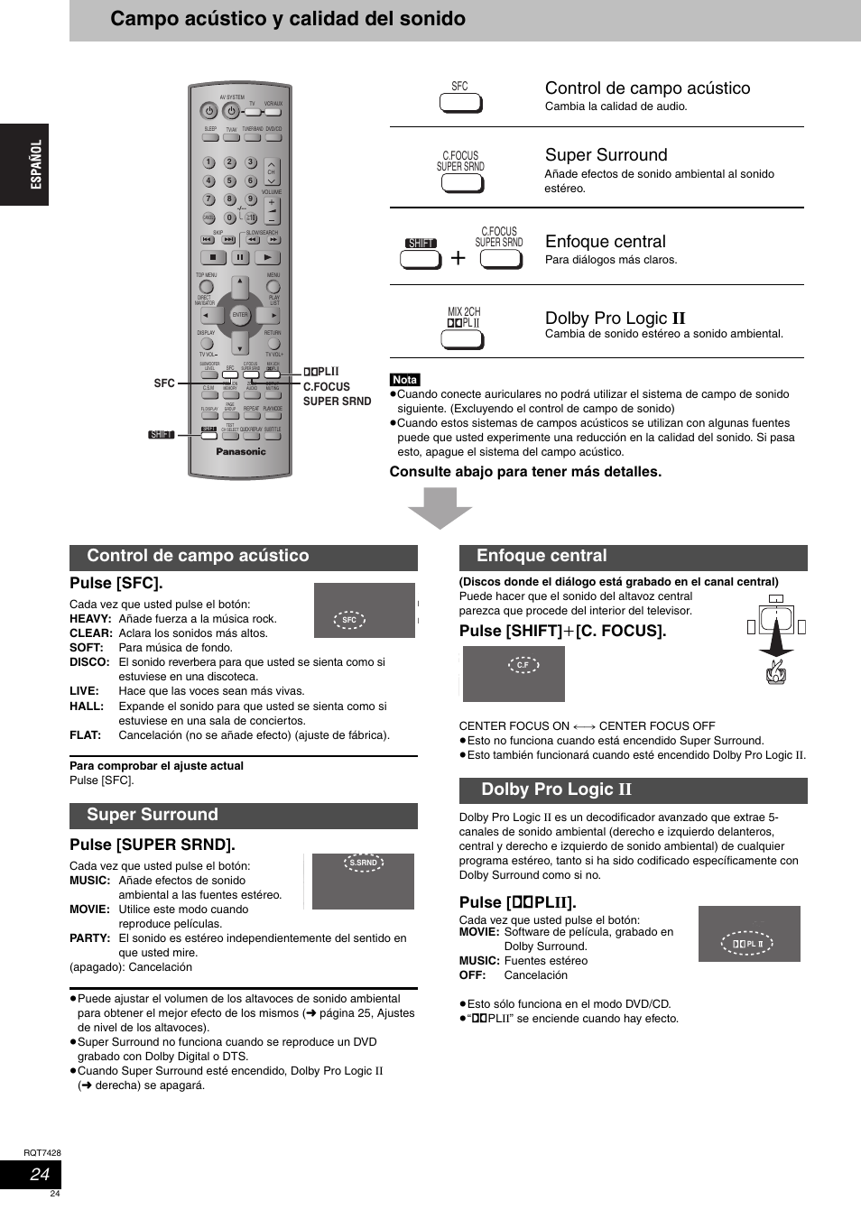 Campo acústico y calidad del sonido, Control de campo acústico, Super surround | Enfoque central, Dolby pro logic ii, Control de campo acústico super surround, Enfoque central dolby pro logic ii, Pulse [sfc, Pulse [super srnd, Pulse [shift] i [c. focus | Panasonic SCHT870 User Manual | Page 24 / 104