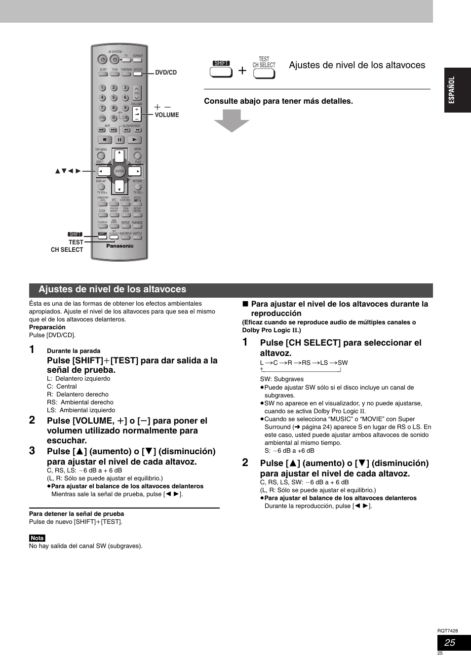 Ajustes de nivel de los altavoces, Pulse [ch select] para seleccionar el altavoz, Consulte abajo para tener más detalles | Panasonic SCHT870 User Manual | Page 25 / 104