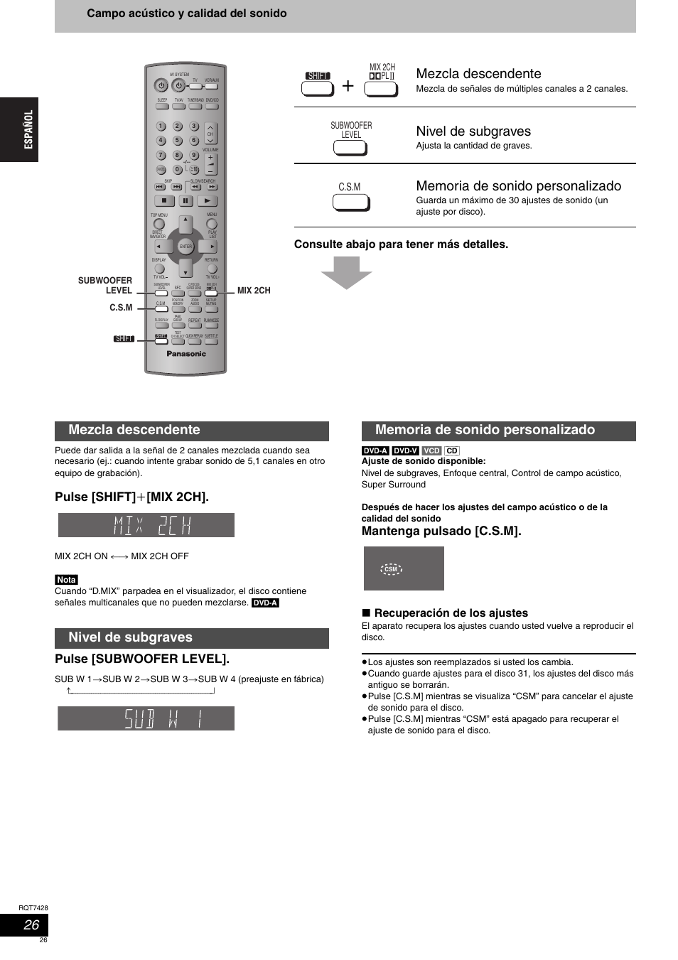 Mezcla descendente, Nivel de subgraves, Mezcla descendente nivel de subgraves | Pulse [shift] i [mix 2ch, Pulse [subwoofer level, Mantenga pulsado [c.s.m, Recuperación de los ajustes, C.s.m, Nota, Shift mix 2ch pl | Panasonic SCHT870 User Manual | Page 26 / 104