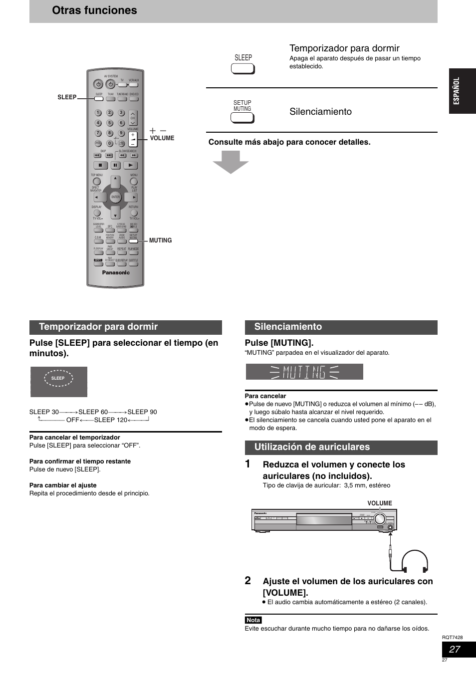 Otras funciones, Temporizador para dormir, Silenciamiento | Silenciamiento utilización de auriculares, Pulse [muting, Ajuste el volumen de los auriculares con [volume, Sleep, Consulte más abajo para conocer detalles, Nota, Tipo de clavija de auricular: 3,5 mm, estéreo | Panasonic SCHT870 User Manual | Page 27 / 104