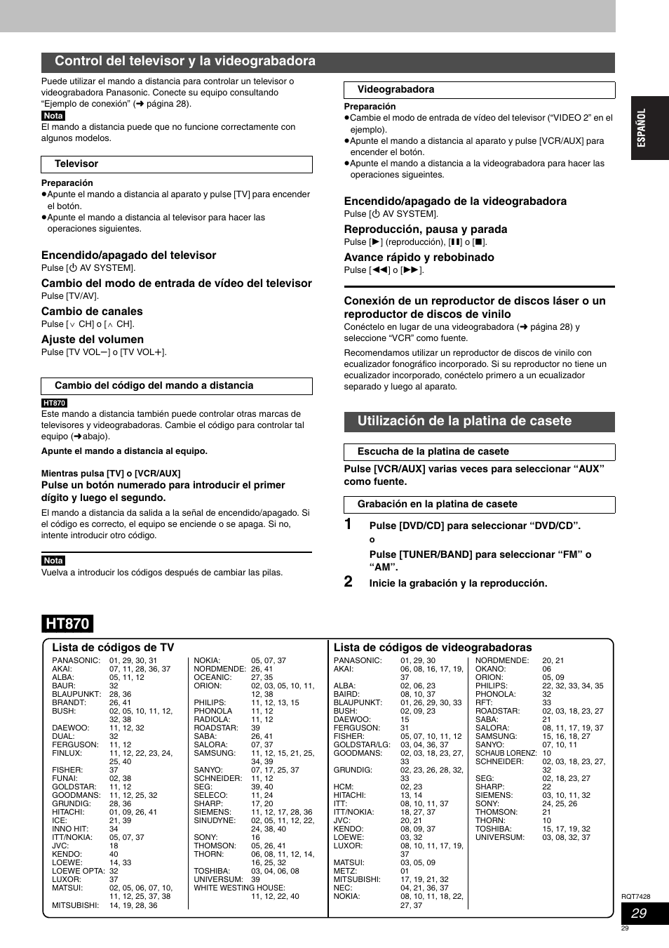 Visor (29), Ht870, Control del televisor y la videograbadora | Utilización de la platina de casete | Panasonic SCHT870 User Manual | Page 29 / 104
