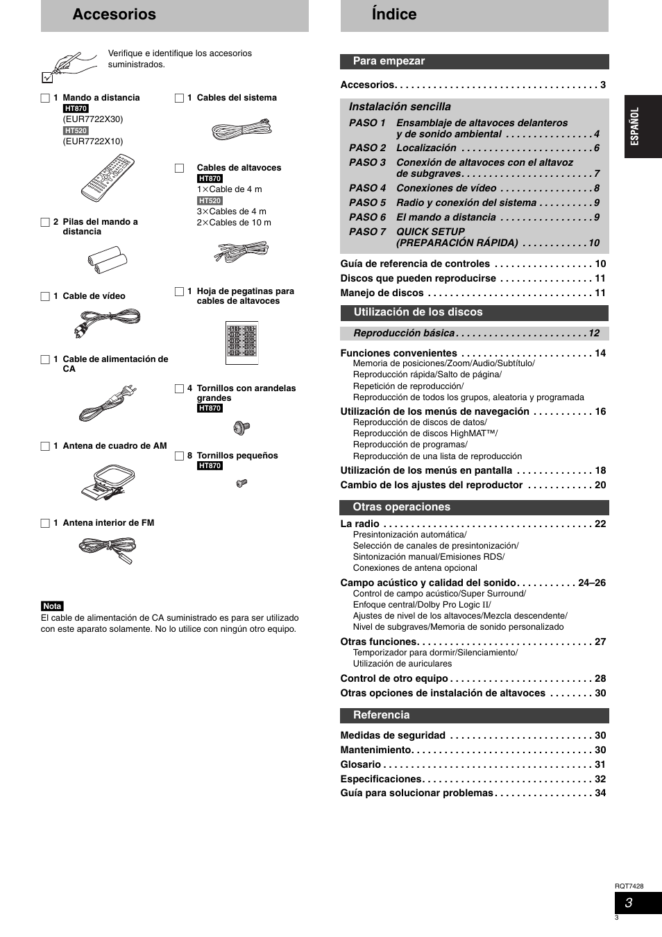 Accesorios, Índice | Panasonic SCHT870 User Manual | Page 3 / 104