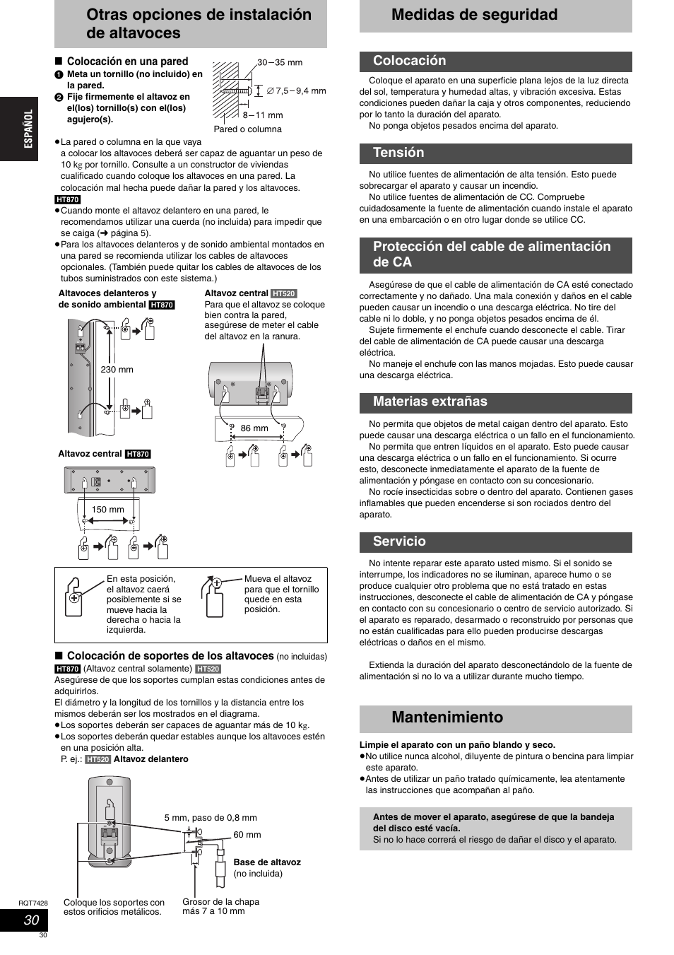 Otras opciones de instalación de altavoces, Medidas de seguridad, Mantenimiento | Panasonic SCHT870 User Manual | Page 30 / 104