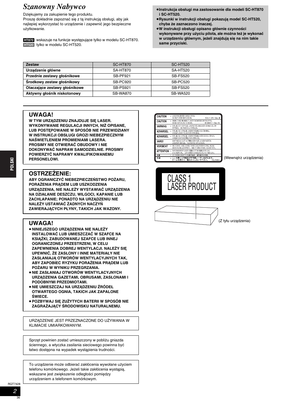 Class 1 laser product, Szanowny nabywco, Uwaga | Ostrzeëenie | Panasonic SCHT870 User Manual | Page 36 / 104