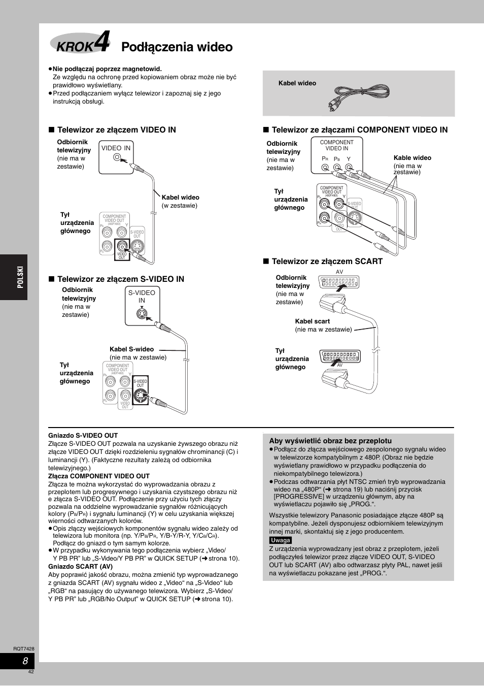 Krok, Podłączenia wideo, Aby wyświetlić obraz bez przeplotu | Uwaga | Panasonic SCHT870 User Manual | Page 42 / 104