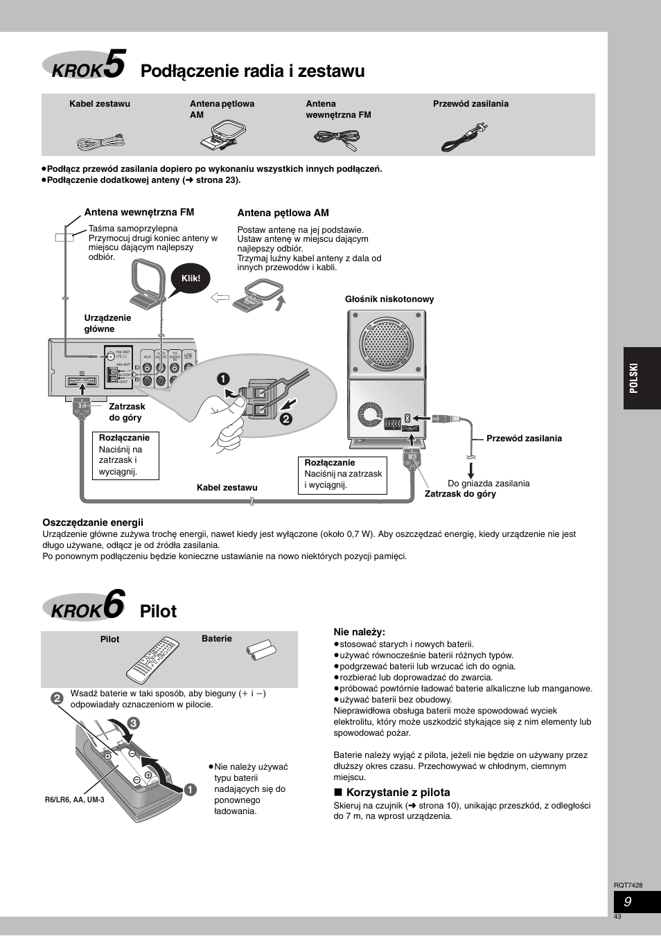 Krok, Podłączenie radia i zestawu, Pilot | Panasonic SCHT870 User Manual | Page 43 / 104