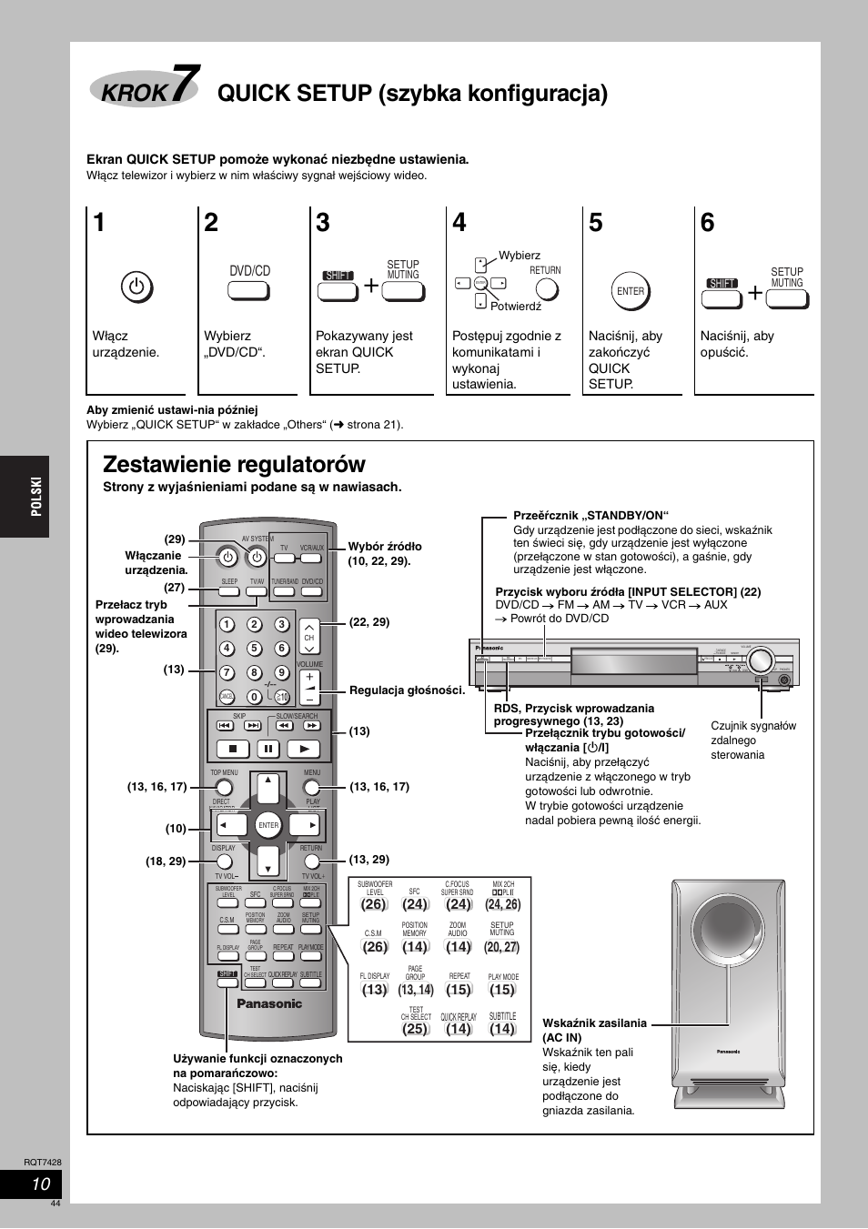 Krok, Quick setup (szybka konfiguracja), Zestawienie regulatorów | Dvd/cd | Panasonic SCHT870 User Manual | Page 44 / 104