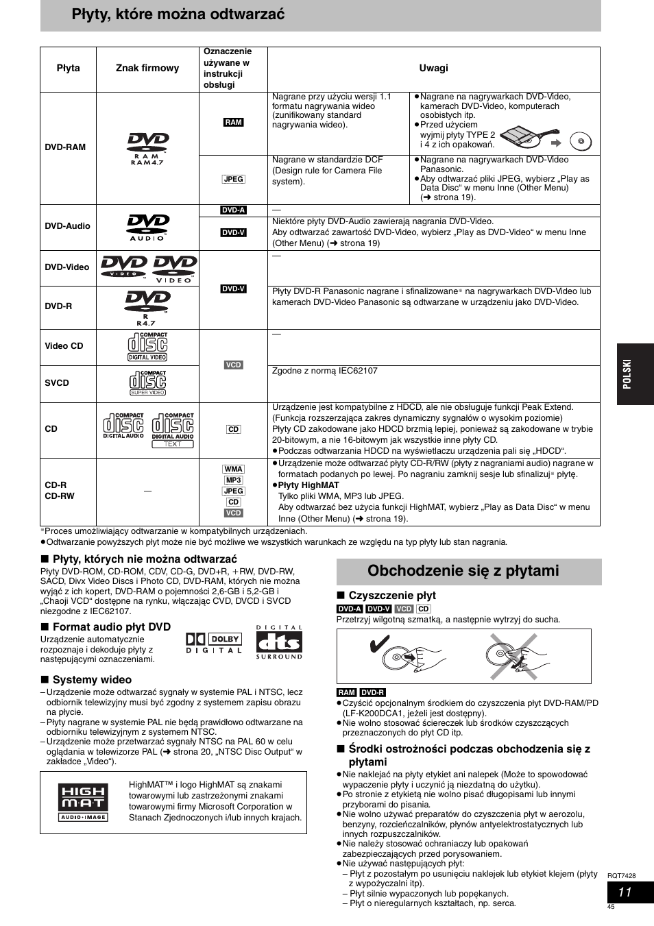 Płyty, które można odtwarzać, Obchodzenie się z płytami | Panasonic SCHT870 User Manual | Page 45 / 104