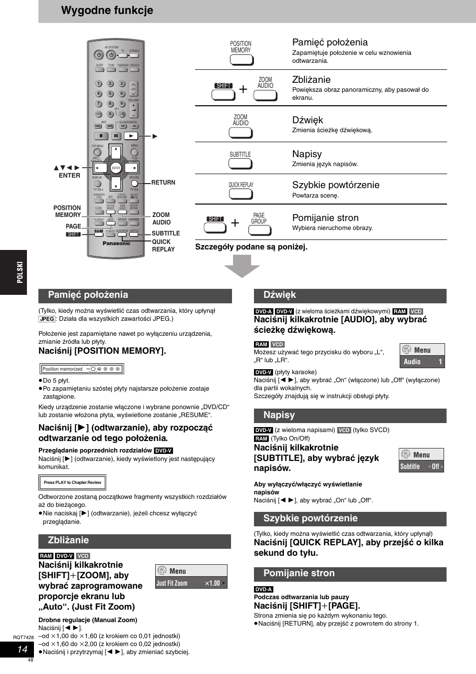 Wygodne funkcje, Pamięć położenia, Zbliżanie | Dźwięk, Napisy, Szybkie powtórzenie, Pomijanie stron, Pamięć położenia zbliżanie, Dźwięk napisy szybkie powtórzenie pomijanie stron, Naciśnij [shift] i [page | Panasonic SCHT870 User Manual | Page 48 / 104