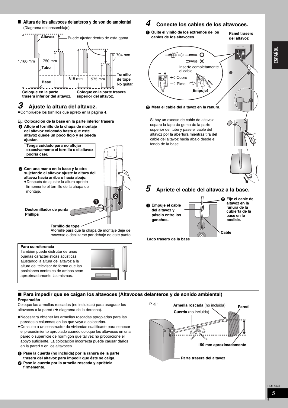 Ajuste la altura del altavoz, Conecte los cables de los altavoces, Apriete el cable del altavoz a la base | Panasonic SCHT870 User Manual | Page 5 / 104