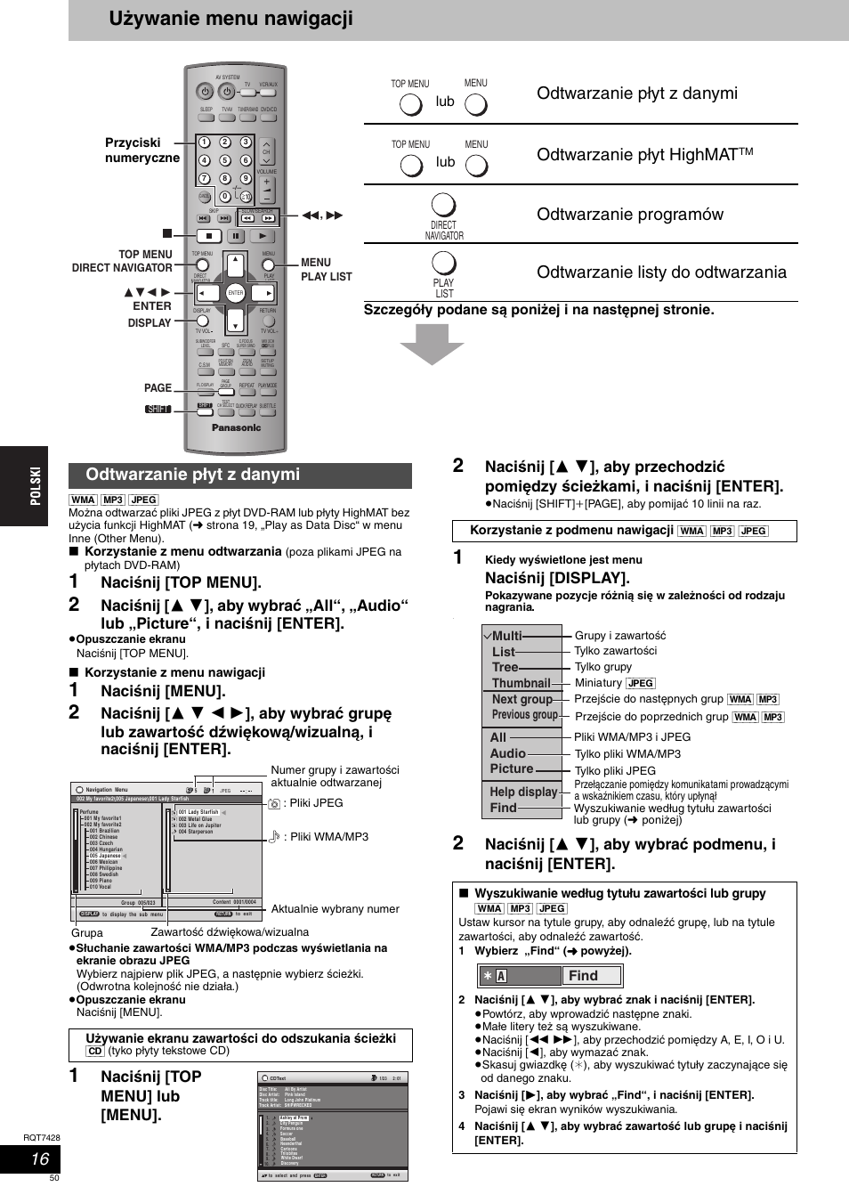 Używanie menu nawigacji, Odtwarzanie płyt z danymi odtwarzanie płyt highmat, Odtwarzanie płyt z danymi | Naciśnij [top menu, Naciśnij [menu, Naciśnij [top menu] lub [menu, Naciśnij [display, Szczegóły podane są poniżej i na następnej stronie, Find, Korzystanie z menu odtwarzania | Panasonic SCHT870 User Manual | Page 50 / 104