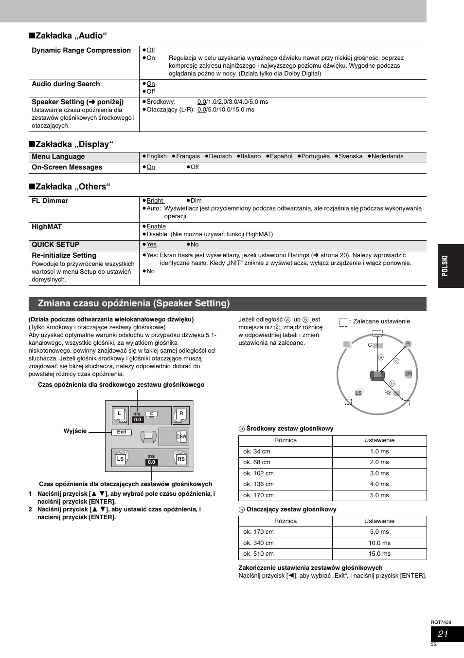 Zmiana czasu opóźnienia (speaker setting) | Panasonic SCHT870 User Manual | Page 55 / 104