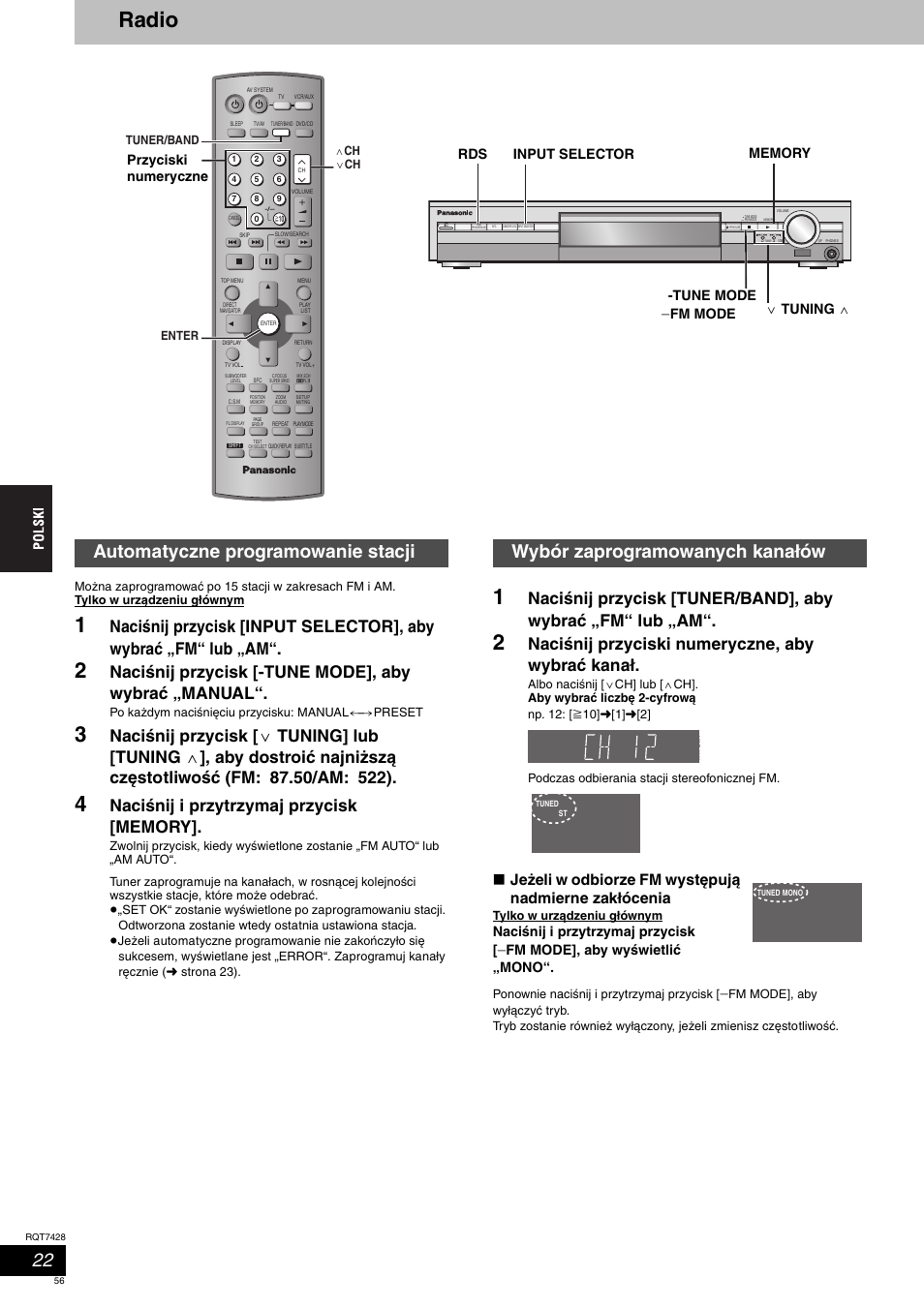 Radio, Naciśnij przycisk [-tune mode], aby wybrać „manual, Naciśnij przyciski numeryczne, aby wybrać kanał | Naciśnij i przytrzymaj przycisk, Fm mode], aby wyświetlić „mono, Fm mode input selector rds | Panasonic SCHT870 User Manual | Page 56 / 104