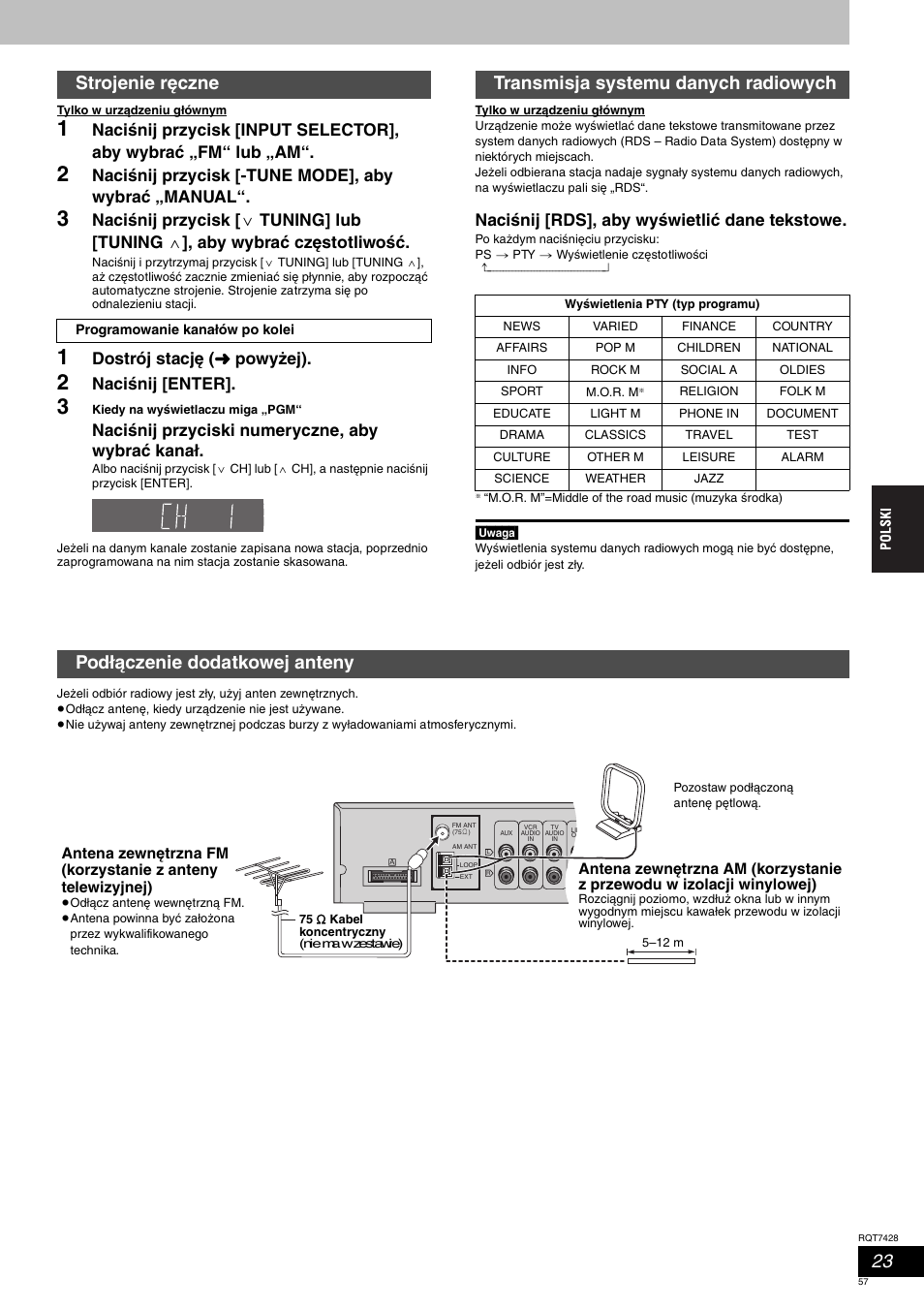 Strojenie ręczne, Transmisja systemu danych radiowych, Podłączenie dodatkowej anteny | Naciśnij przycisk [-tune mode], aby wybrać „manual, Dostrój stację ( ‹ powyżej), Naciśnij [enter, Naciśnij przyciski numeryczne, aby wybrać kanał, Naciśnij [rds], aby wyświetlić dane tekstowe | Panasonic SCHT870 User Manual | Page 57 / 104