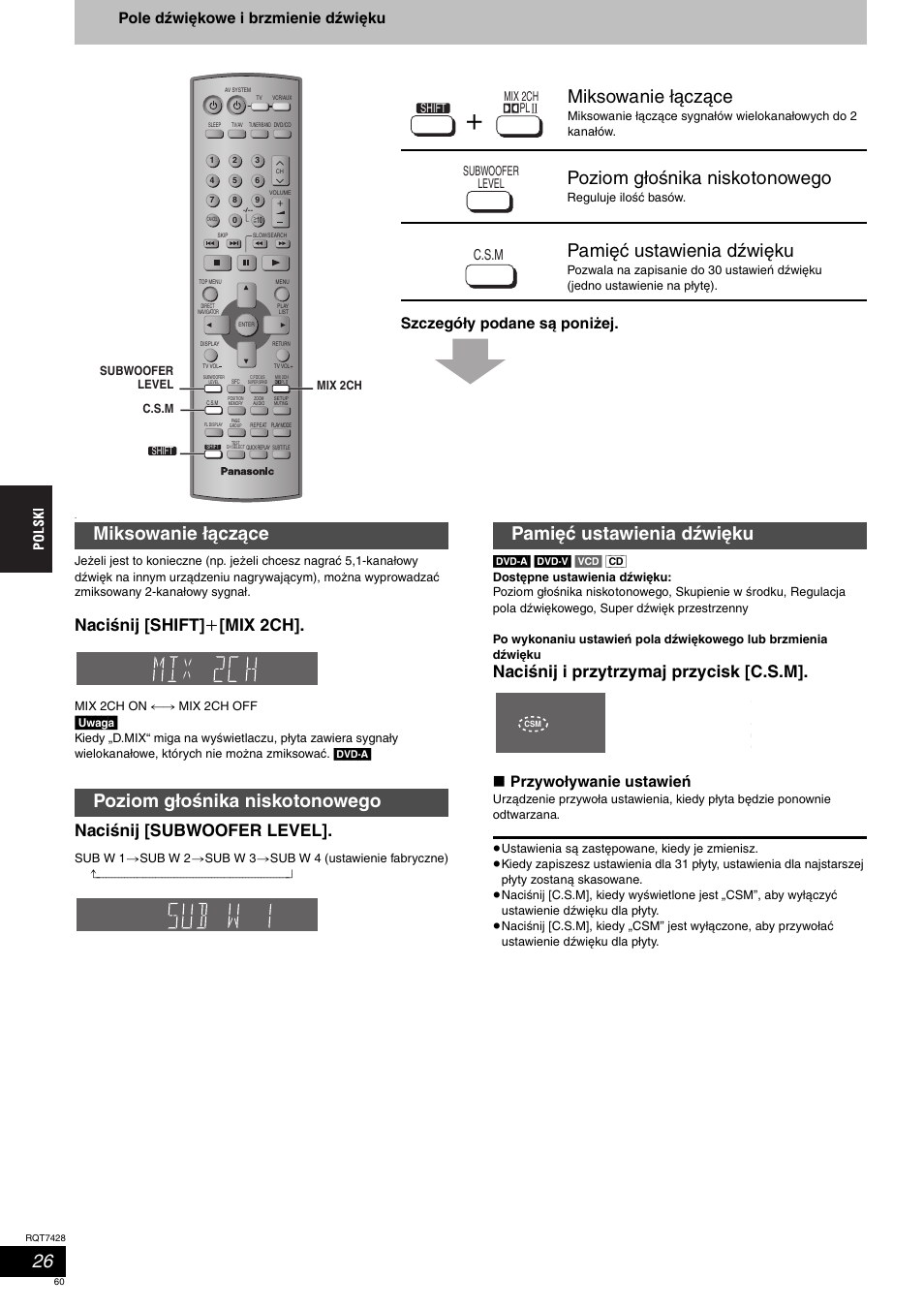 Miksowanie łączące, Poziom głośnika niskotonowego, Pamięć ustawienia dźwięku | Miksowanie łączące poziom głośnika niskotonowego, Naciśnij [shift] i [mix 2ch, Naciśnij [subwoofer level, Naciśnij i przytrzymaj przycisk [c.s.m, Przywoływanie ustawień, C.s.m, Uwaga | Panasonic SCHT870 User Manual | Page 60 / 104
