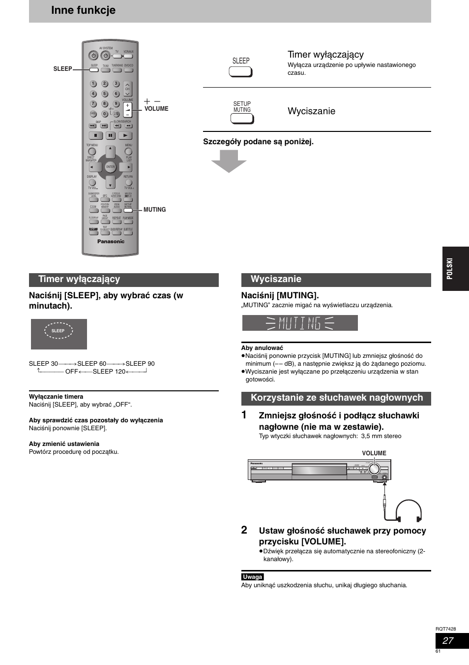 Inne funkcje, Timer wyłączający, Wyciszanie | Wyciszanie korzystanie ze słuchawek nagłownych, Naciśnij [sleep], aby wybrać czas (w minutach), Naciśnij [muting, Sleep, Szczegóły podane są poniżej, Uwaga, Typ wtyczki słuchawek nagłownych: 3,5 mm stereo | Panasonic SCHT870 User Manual | Page 61 / 104