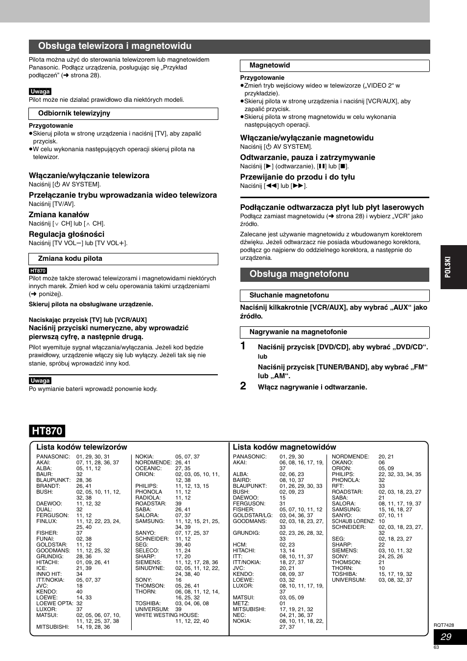 Ht870, Obsługa telewizora i magnetowidu, Obsługa magnetofonu | Panasonic SCHT870 User Manual | Page 63 / 104