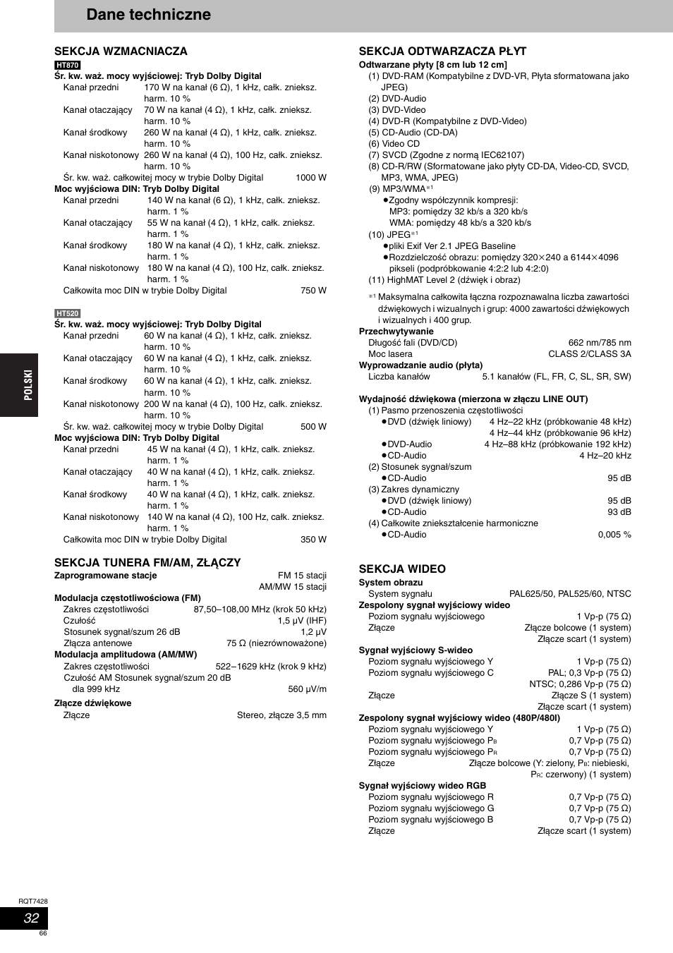 Dane techniczne | Panasonic SCHT870 User Manual | Page 66 / 104