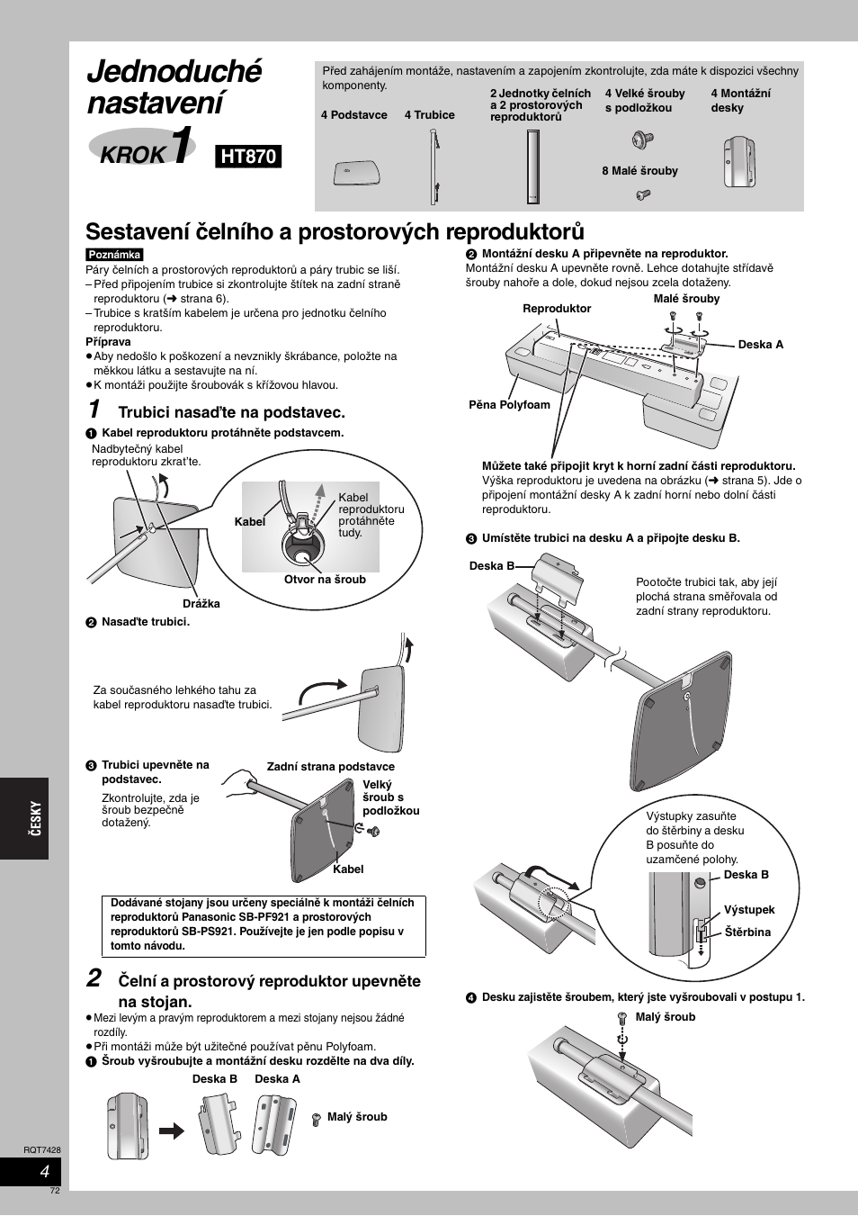 Jednoduché nastavení, Sestavení čelního a prostorových reproduktorů, Krok | Ht870 | Panasonic SCHT870 User Manual | Page 72 / 104