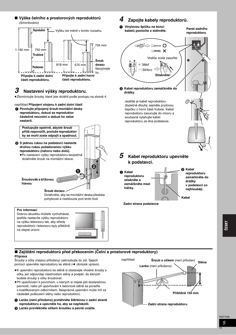 Nastavení výšky reproduktoru, Zapojte kabely reproduktorů, Kabel reproduktoru upevněte k podstavci | Panasonic SCHT870 User Manual | Page 73 / 104