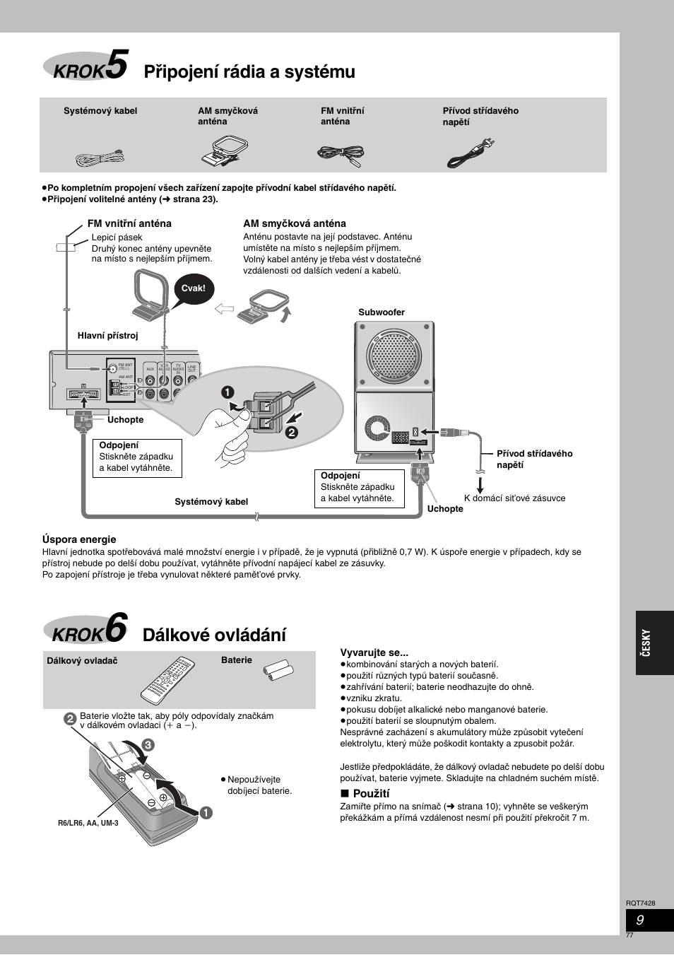 Krok, Připojení rádia a systému, Dálkové ovládání | Panasonic SCHT870 User Manual | Page 77 / 104