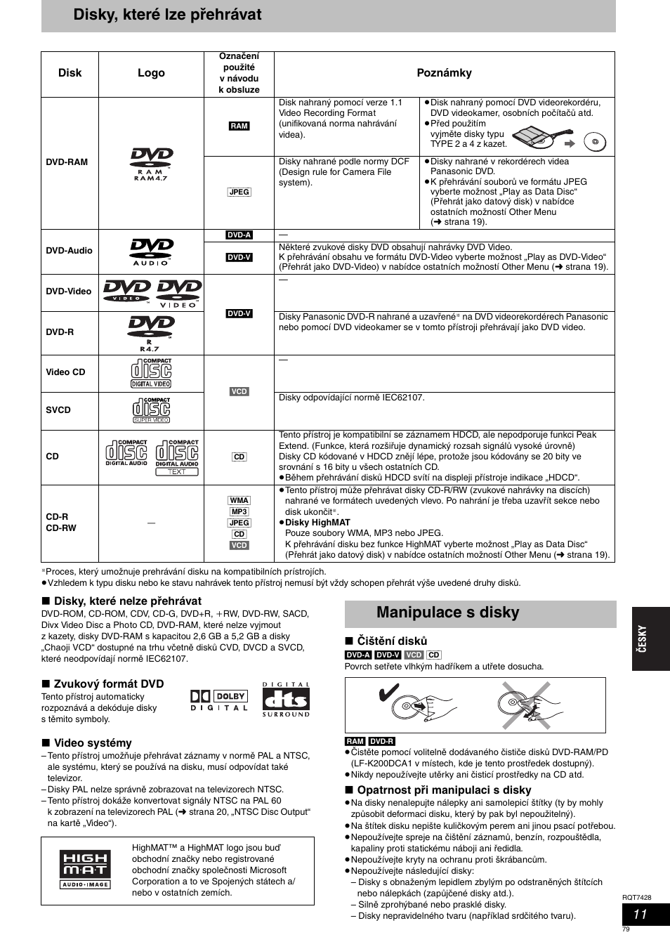 Disky, které lze přehrávat, Manipulace s disky | Panasonic SCHT870 User Manual | Page 79 / 104