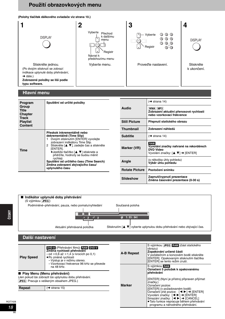 Použití obrazovkových menu, Hlavní menu, Další nastavení | Panasonic SCHT870 User Manual | Page 86 / 104