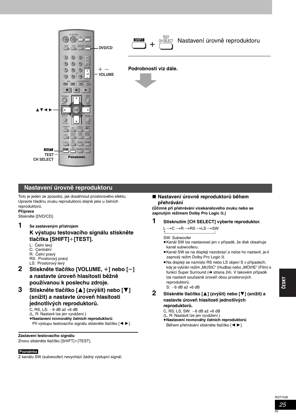 Nastavení úrovně reproduktoru, Podrobnosti viz dále, Nastavení úrovně reproduktorů během přehrávání | Panasonic SCHT870 User Manual | Page 93 / 104