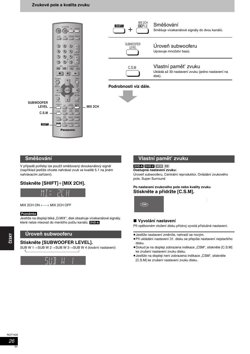 Směšování, Úroveň subwooferu, Vlastní pamět’ zvuku | Směšování úroveň subwooferu, Stiskněte [shift] i [mix 2ch, Stiskněte [subwoofer level, Stiskněte a přidržte [c.s.m, Zvukové pole a kvalita zvuku podrobnosti viz dále, Vyvolání nastavení, C.s.m | Panasonic SCHT870 User Manual | Page 94 / 104