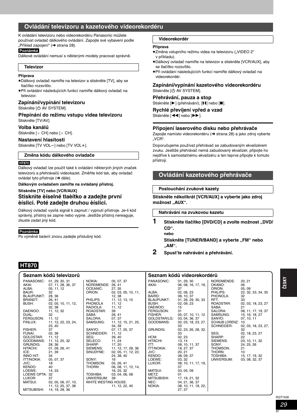 Ht870, Ovládání televizoru a kazetového videorekordéru, Ovládání kazetového přehrávače | Panasonic SCHT870 User Manual | Page 97 / 104