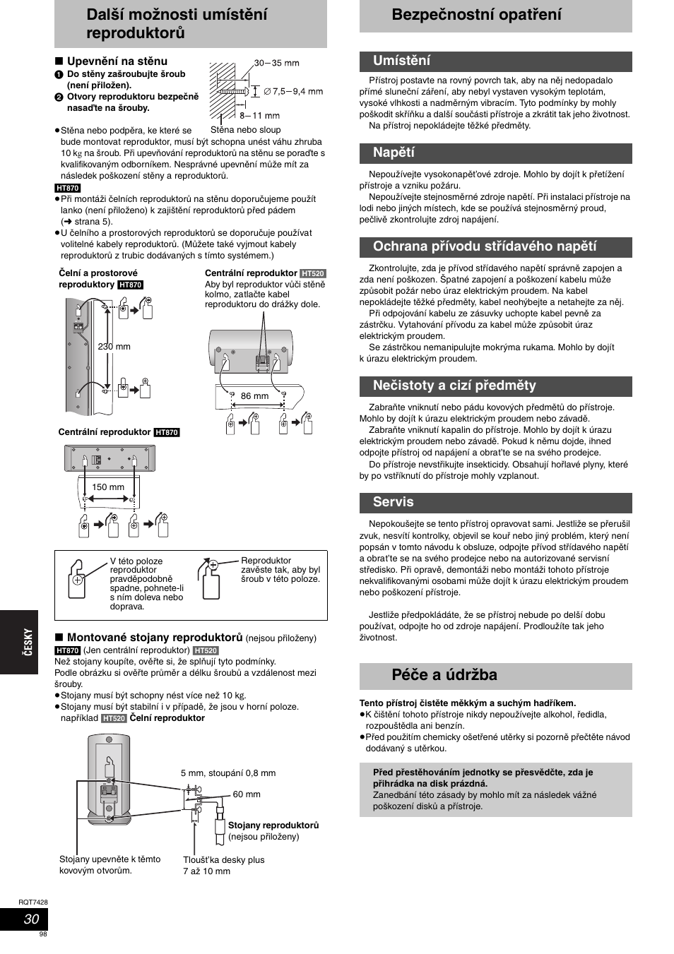 Další možnosti umístění reproduktorů, Bezpečnostní opatření, Péče a údržba | Panasonic SCHT870 User Manual | Page 98 / 104