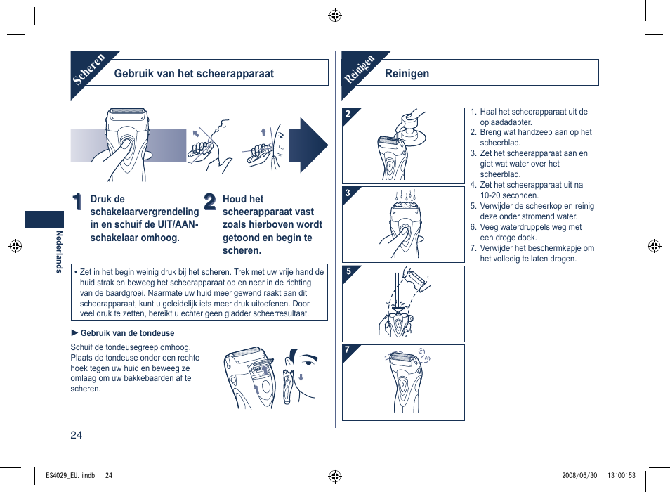 Scher en, Reinigen | Panasonic ES4029 User Manual | Page 24 / 104