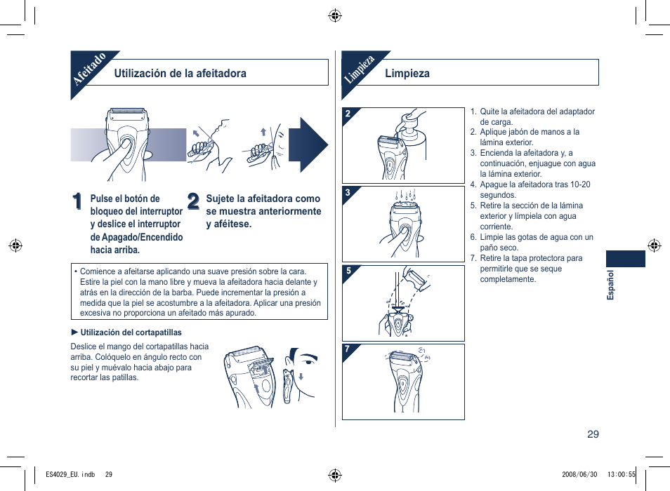 Afeitado, Limpieza | Panasonic ES4029 User Manual | Page 29 / 104